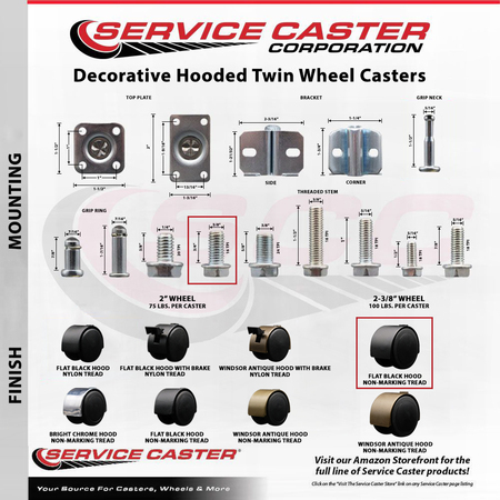 Service Caster 2-3/8'' Floor Safe Black Hooded Twin Wheel Caster 3/8 Threaded Stem, 5PK SCC-TS02S60D-NYU-FB-381634-5